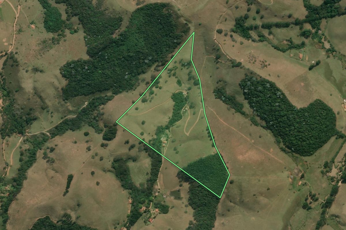 Imagem de satélite do imóvel rural em Cunha (SP), com o contorno declarado no CAR desenhado por cima.