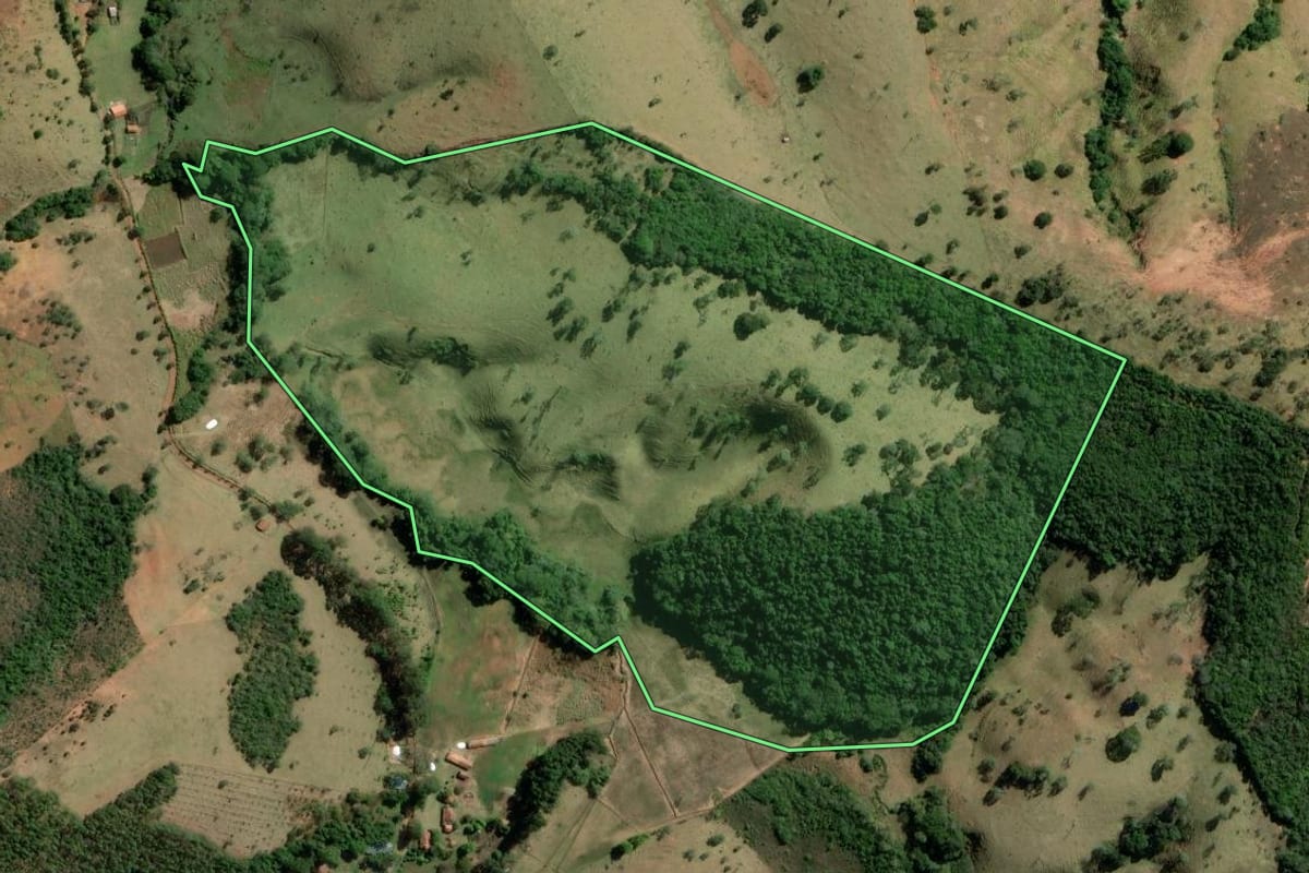 Imagem de satélite do imóvel rural em Cunha (SP), com o contorno declarado no CAR desenhado por cima.