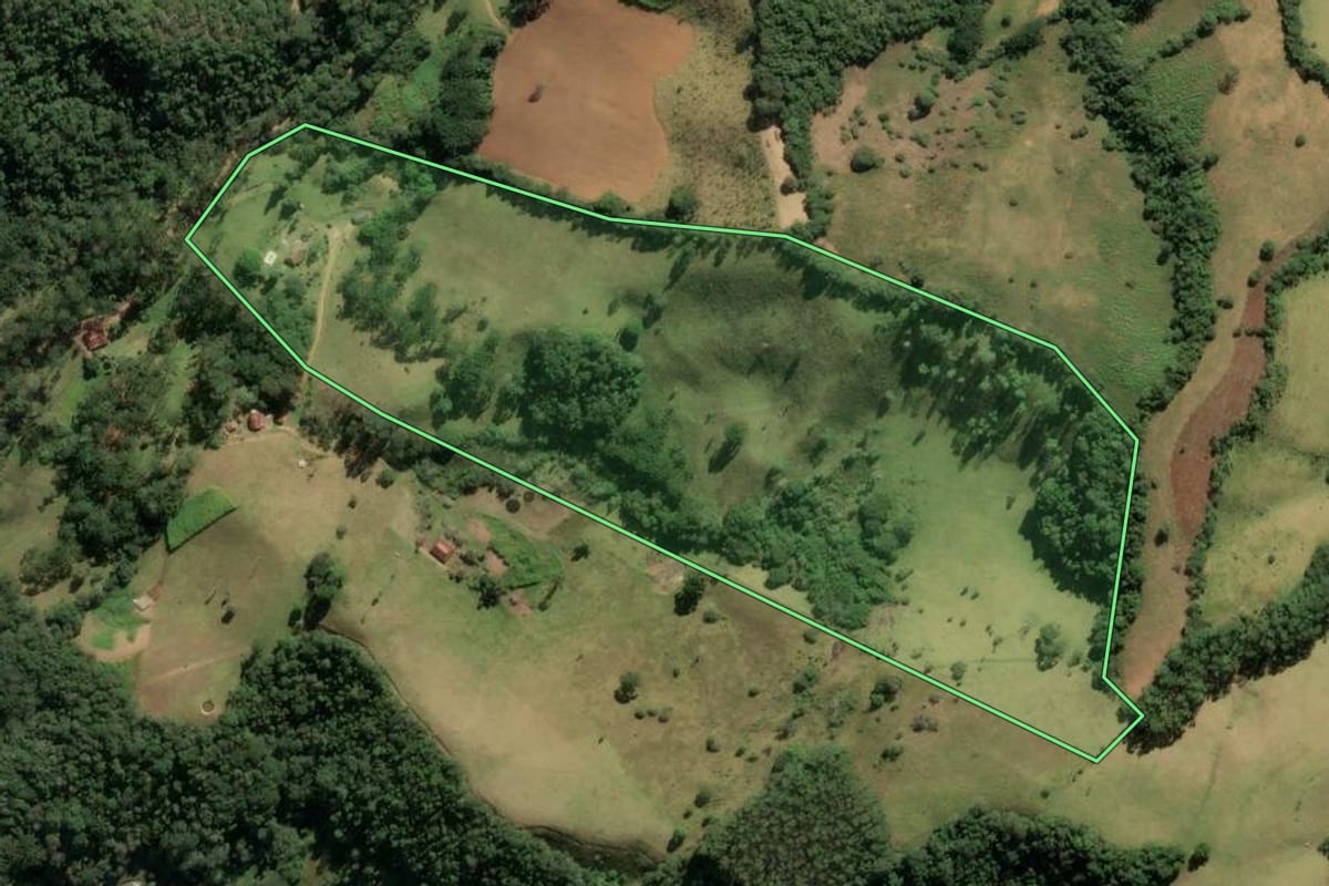 Imagem de satélite do imóvel rural em Cunha (SP), com o contorno declarado no CAR desenhado por cima.