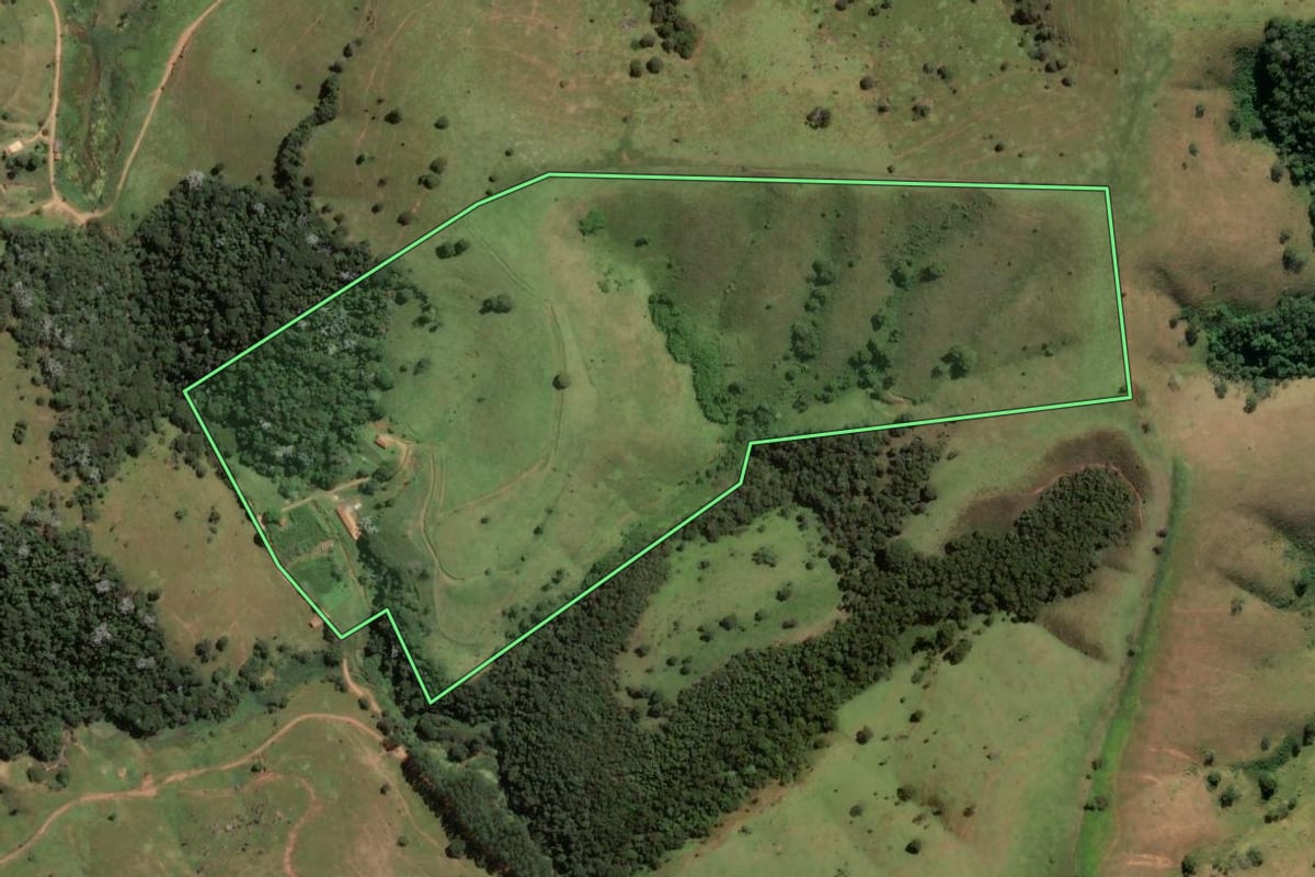 Imagem de satélite do imóvel rural em Cunha (SP), com o contorno declarado no CAR desenhado por cima.