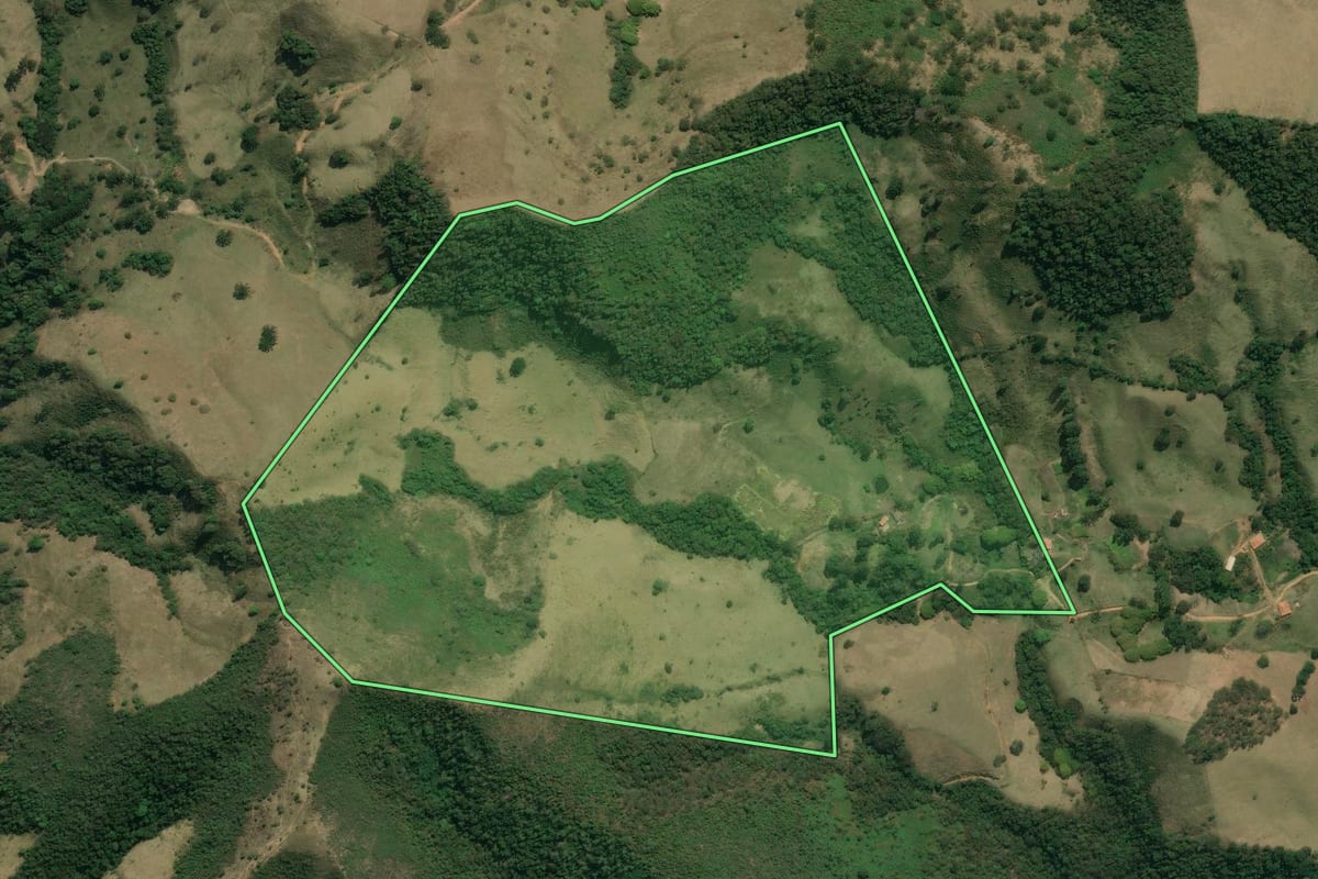 Imagem de satélite do imóvel rural em Cunha (SP), com o contorno declarado no CAR desenhado por cima.