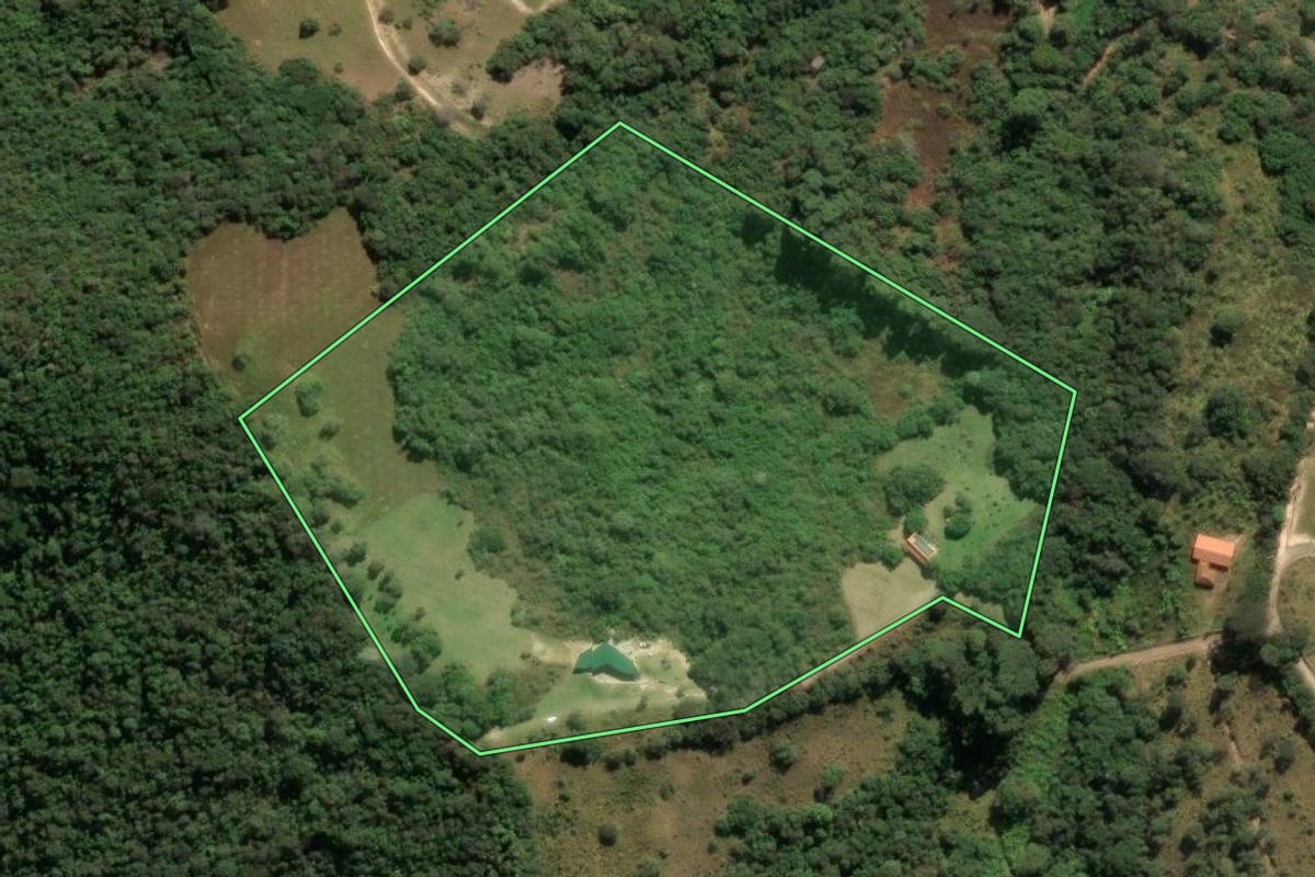 Imagem de satélite do imóvel rural em Cunha (SP), com o contorno declarado no CAR desenhado por cima.