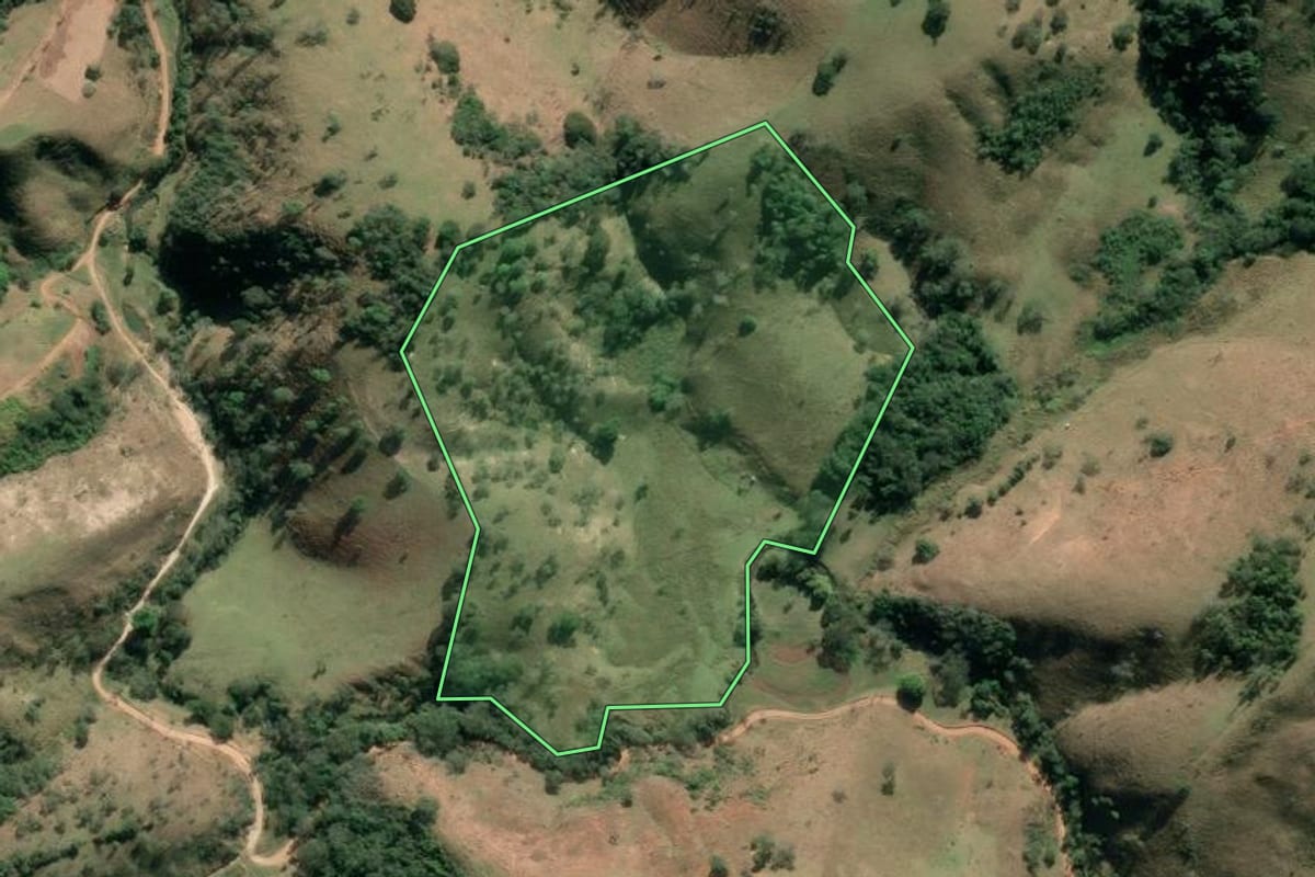 Imagem de satélite do imóvel rural em Cunha (SP), com o contorno declarado no CAR desenhado por cima.