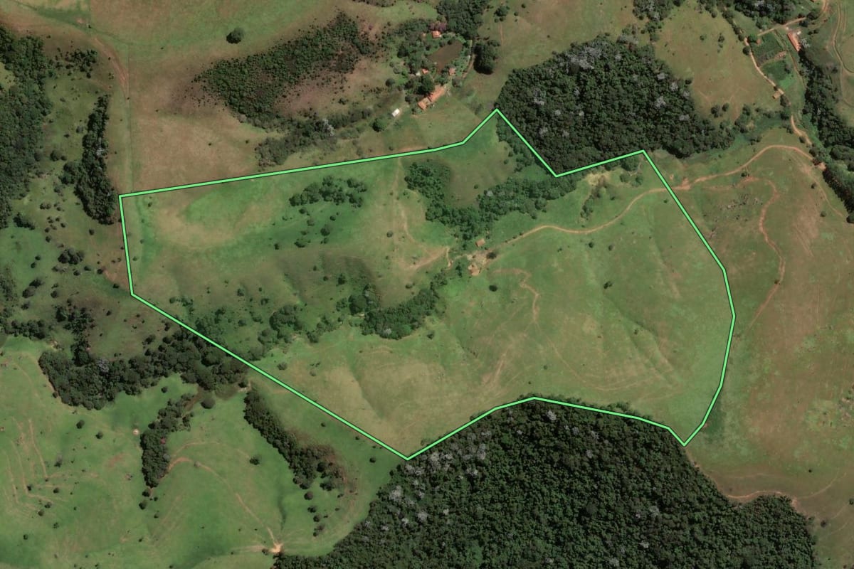 Imagem de satélite do imóvel rural em Cunha (SP), com o contorno declarado no CAR desenhado por cima.