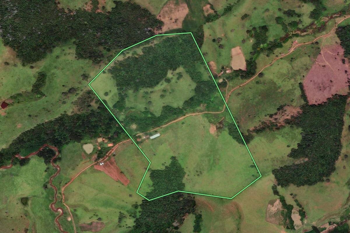 Imagem de satélite do imóvel rural em Cunha (SP), com o contorno declarado no CAR desenhado por cima.