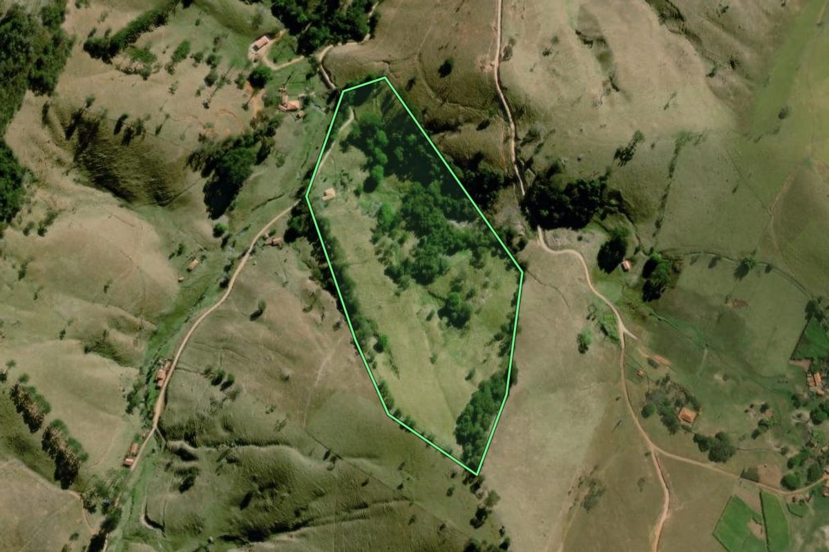 Imagem de satélite do imóvel rural em Cunha (SP), com o contorno declarado no CAR desenhado por cima.