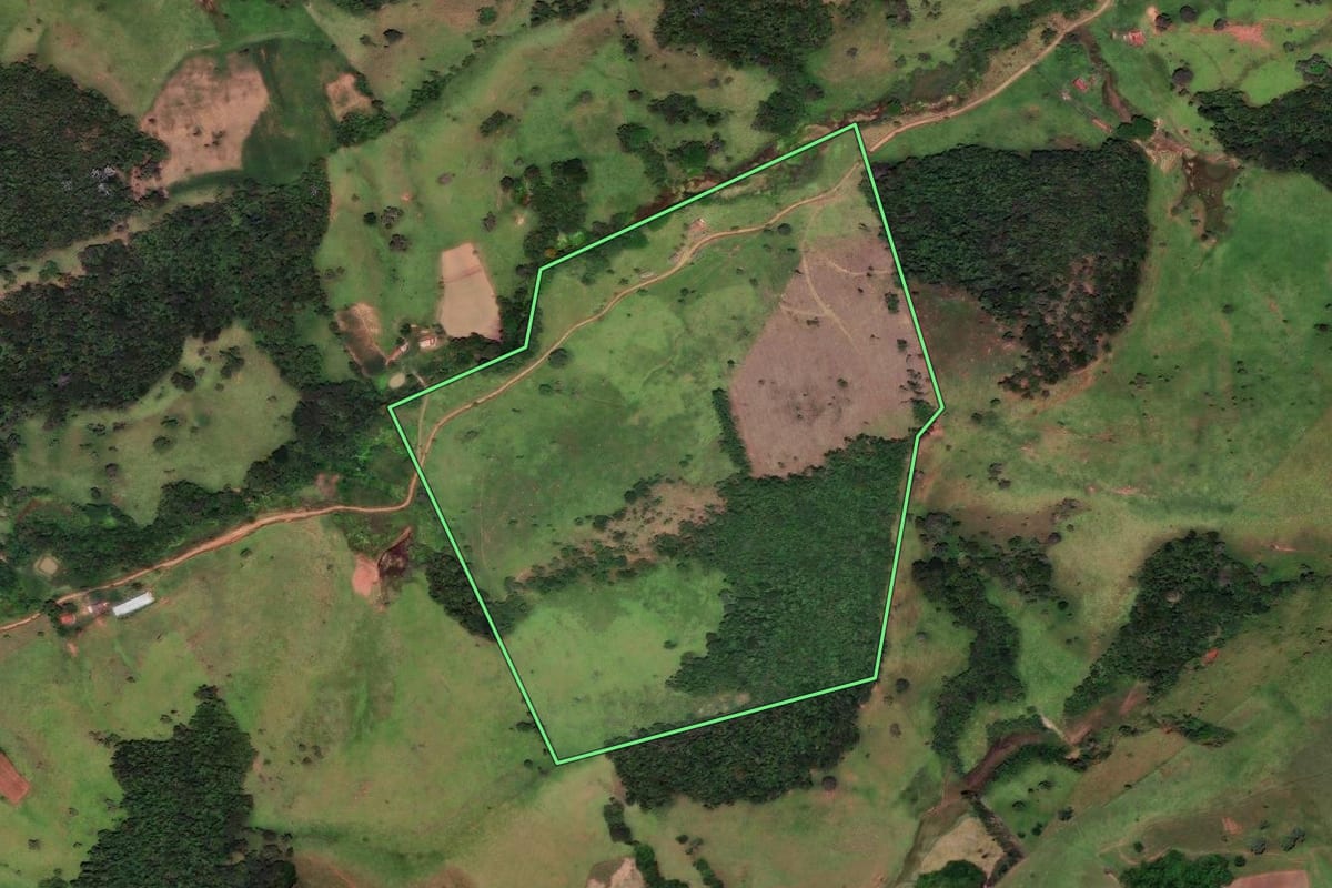 Imagem de satélite do imóvel rural em Cunha (SP), com o contorno declarado no CAR desenhado por cima.
