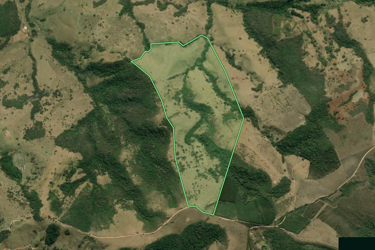 Imagem de satélite do imóvel rural em Cunha (SP), com o contorno declarado no CAR desenhado por cima.