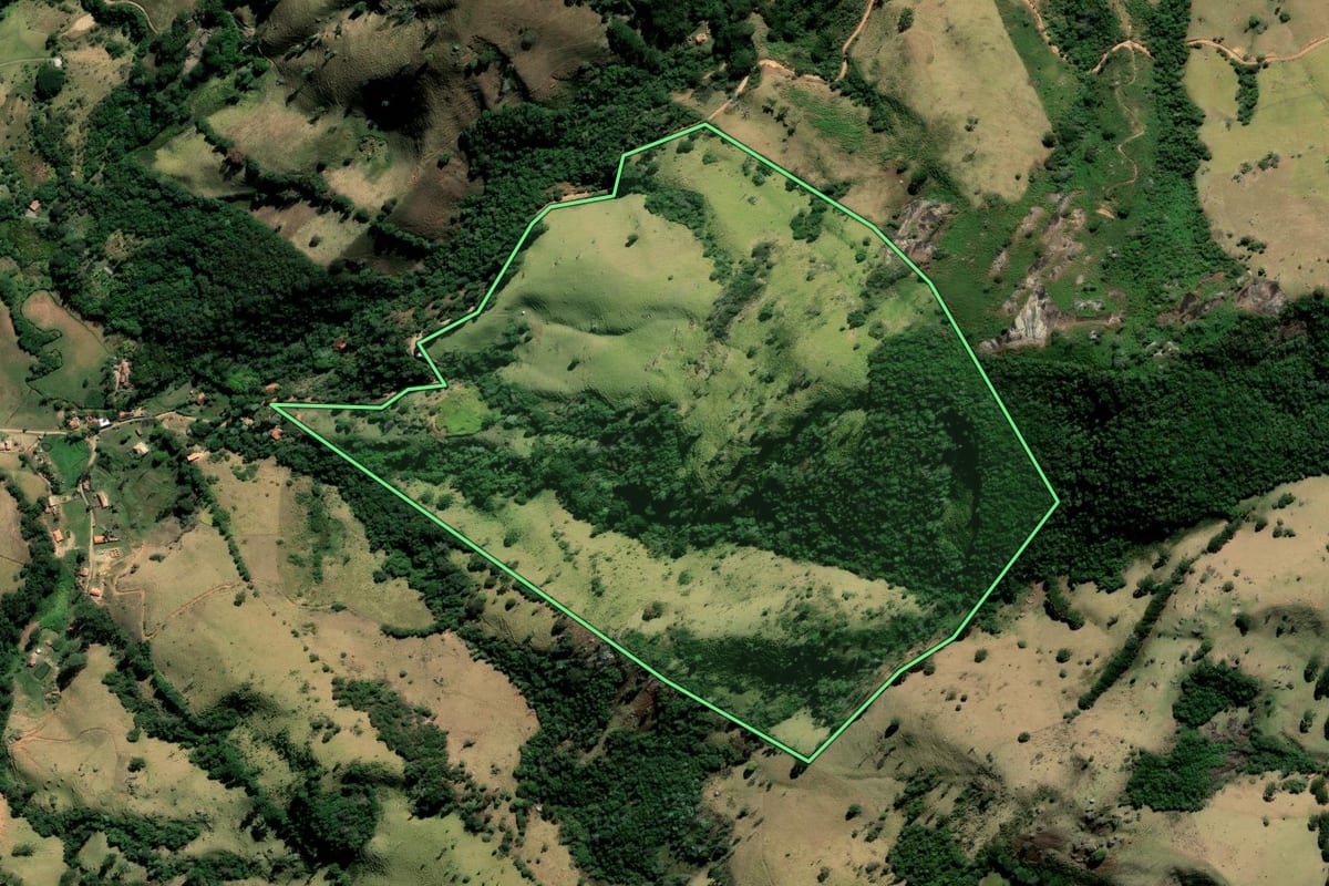 Imagem de satélite do imóvel rural em Cunha (SP), com o contorno declarado no CAR desenhado por cima.