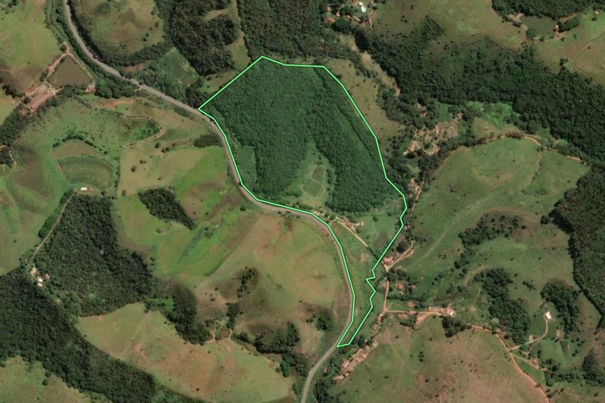 Imagem de satélite do imóvel rural em Cunha (SP), com o contorno declarado no CAR desenhado por cima.