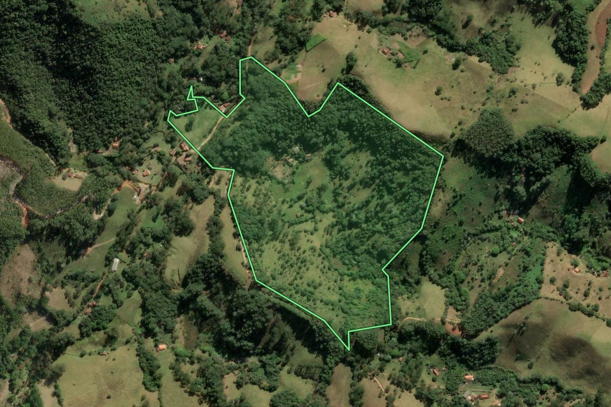 Imagem de satélite do imóvel rural em Cunha (SP), com o contorno declarado no CAR desenhado por cima.