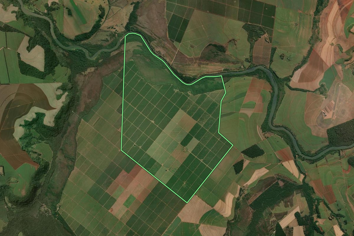 Imagem de satélite do imóvel rural em Descalvado (SP), com o contorno declarado no CAR desenhado por cima.