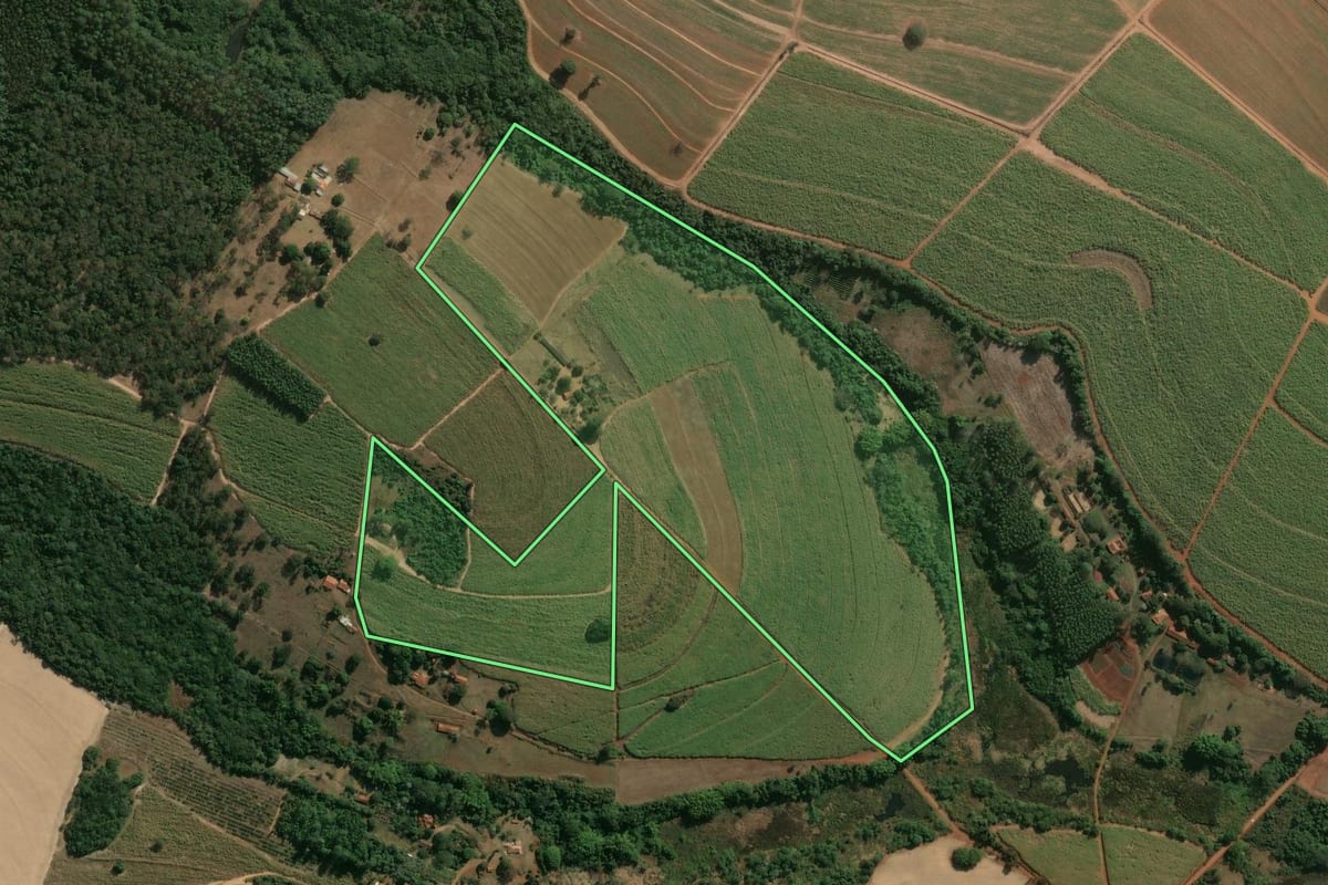 Imagem de satélite do imóvel rural em Descalvado (SP), com o contorno declarado no CAR desenhado por cima.