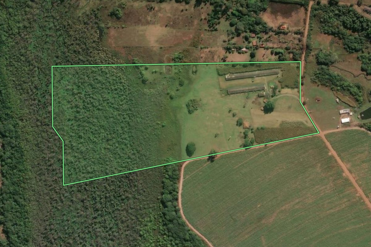 Imagem de satélite do imóvel rural em Descalvado (SP), com o contorno declarado no CAR desenhado por cima.