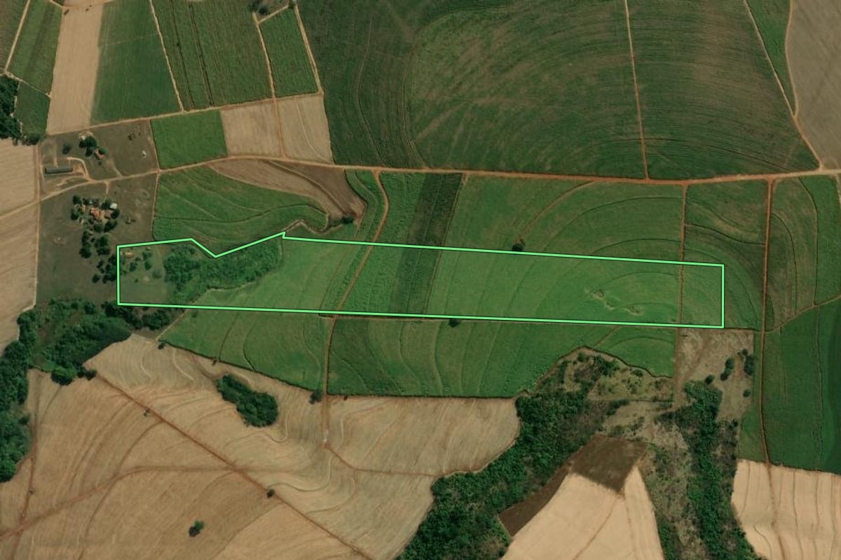 Imagem de satélite do imóvel rural em Descalvado (SP), com o contorno declarado no CAR desenhado por cima.