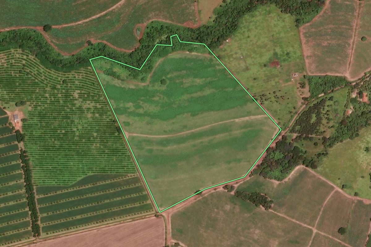 Imagem de satélite do imóvel rural em Descalvado (SP), com o contorno declarado no CAR desenhado por cima.