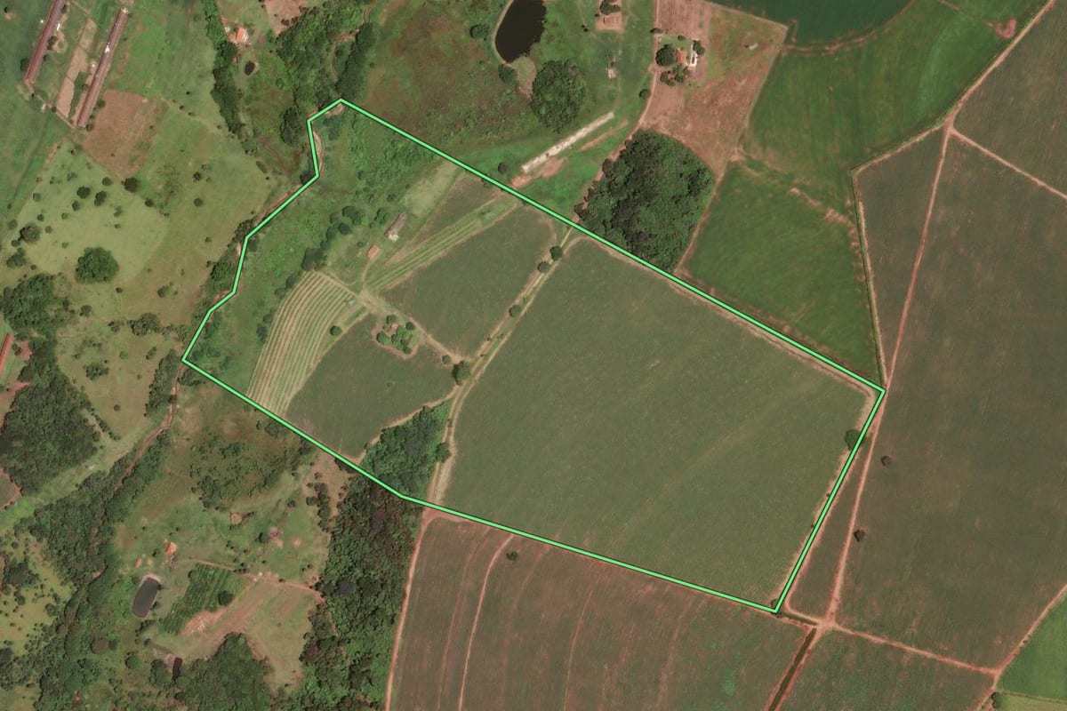 Imagem de satélite do imóvel rural em Descalvado (SP), com o contorno declarado no CAR desenhado por cima.