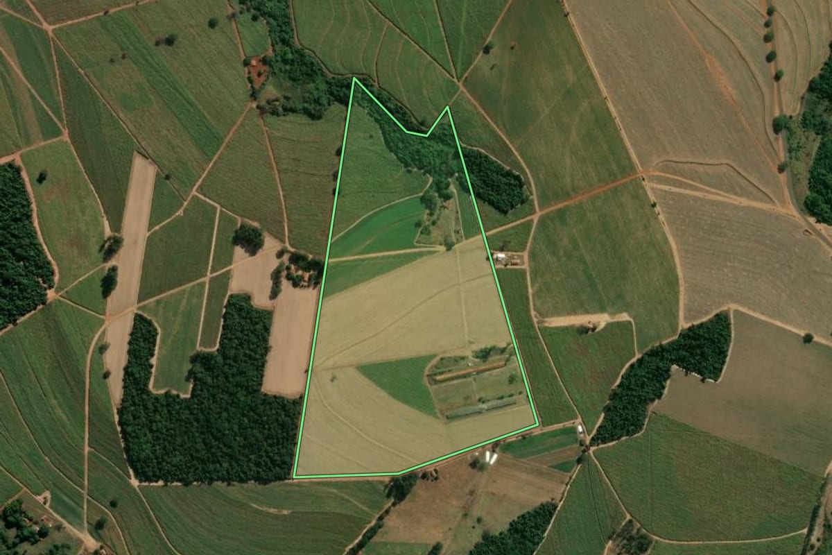 Imagem de satélite do imóvel rural em Descalvado (SP), com o contorno declarado no CAR desenhado por cima.