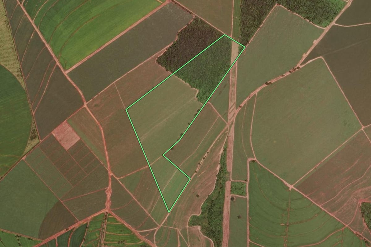 Imagem de satélite do imóvel rural em Descalvado (SP), com o contorno declarado no CAR desenhado por cima.