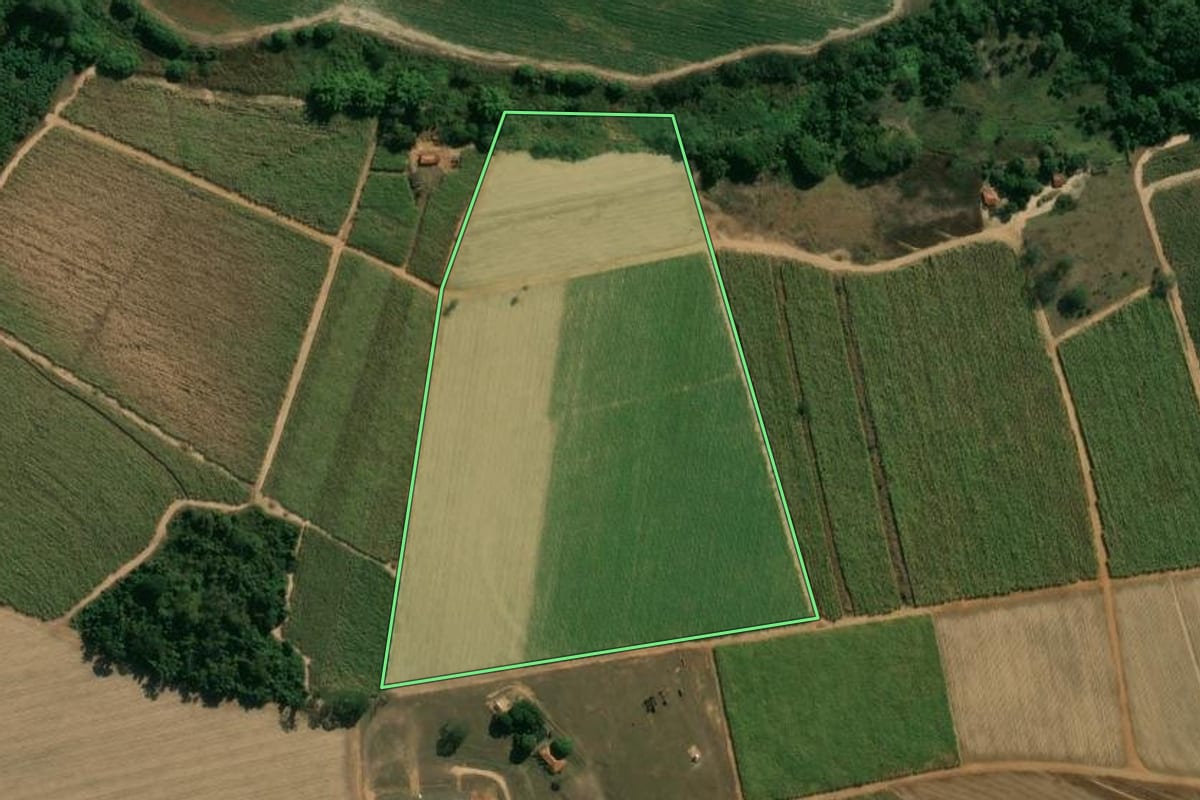 Imagem de satélite do imóvel rural em Descalvado (SP), com o contorno declarado no CAR desenhado por cima.