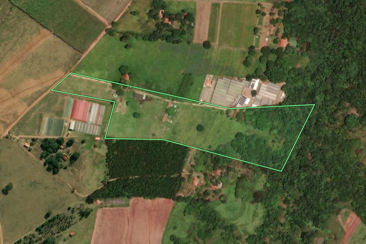 Imagem de satélite do imóvel rural em Descalvado (SP), com o contorno declarado no CAR desenhado por cima.