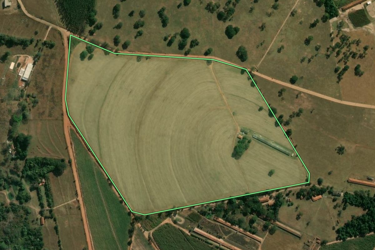 Imagem de satélite do imóvel rural em Descalvado (SP), com o contorno declarado no CAR desenhado por cima.