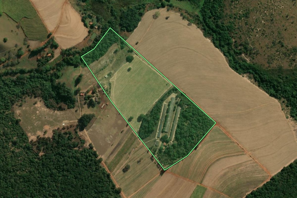 Imagem de satélite do imóvel rural em Descalvado (SP), com o contorno declarado no CAR desenhado por cima.