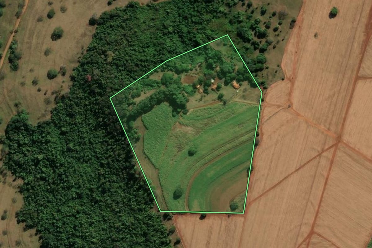 Imagem de satélite do imóvel rural em Descalvado (SP), com o contorno declarado no CAR desenhado por cima.