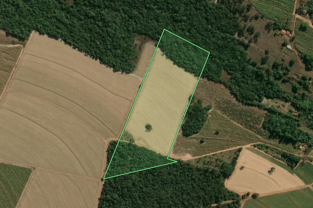 Imagem de satélite do imóvel rural em Descalvado (SP), com o contorno declarado no CAR desenhado por cima.