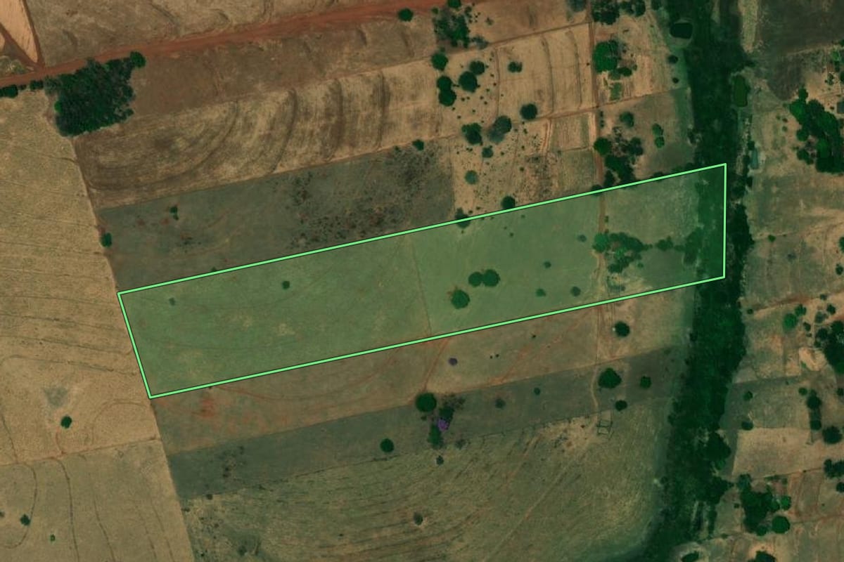 Imagem de satélite do imóvel rural em Dirce Reis (SP), com o contorno declarado no CAR desenhado por cima.