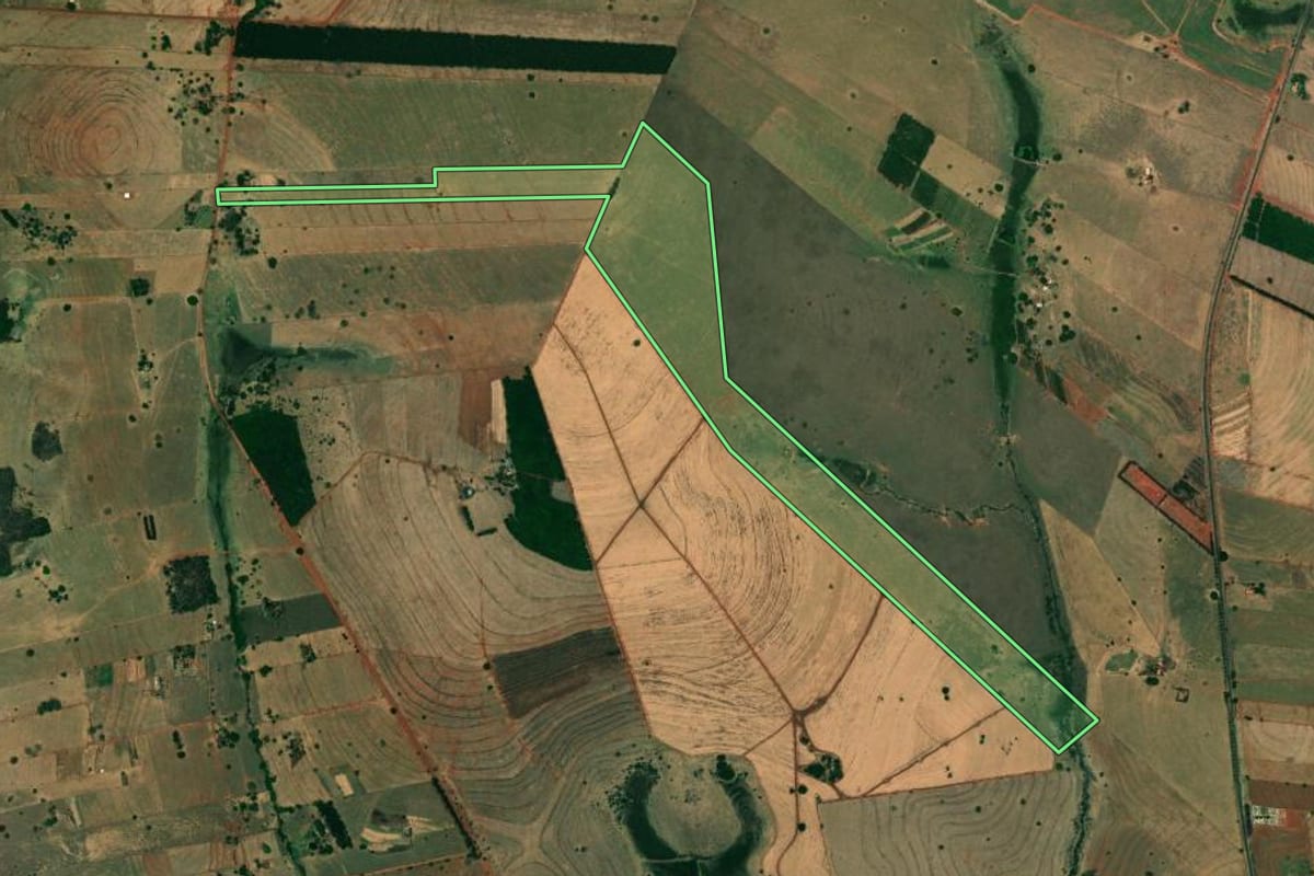 Imagem de satélite do imóvel rural em Dirce Reis (SP), com o contorno declarado no CAR desenhado por cima.