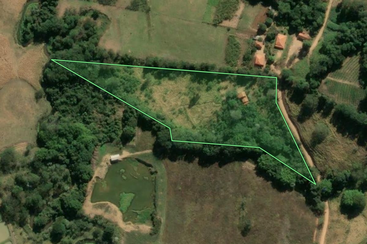 Imagem de satélite do imóvel rural em Divinolândia (SP), com o contorno declarado no CAR desenhado por cima.