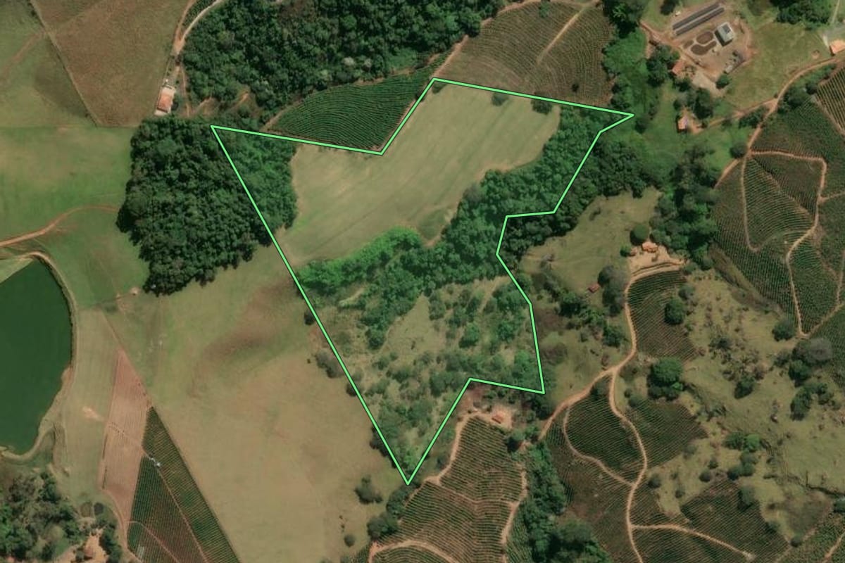 Imagem de satélite do imóvel rural em Divinolândia (SP), com o contorno declarado no CAR desenhado por cima.