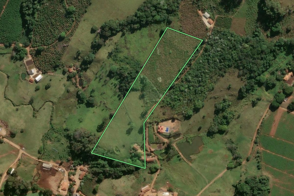 Imagem de satélite do imóvel rural em Divinolândia (SP), com o contorno declarado no CAR desenhado por cima.