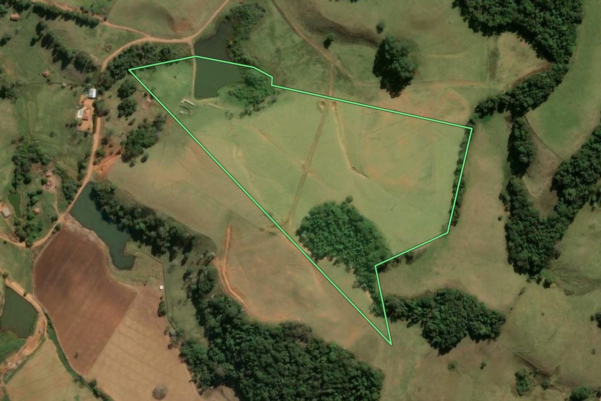 Imagem de satélite do imóvel rural em Divinolândia (SP), com o contorno declarado no CAR desenhado por cima.