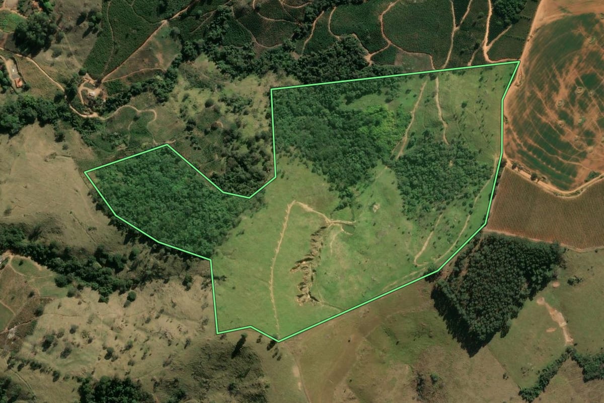 Imagem de satélite do imóvel rural em Divinolândia (SP), com o contorno declarado no CAR desenhado por cima.