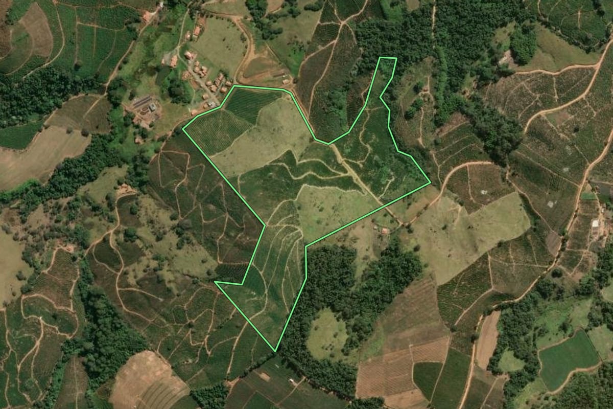 Imagem de satélite do imóvel rural em Divinolândia (SP), com o contorno declarado no CAR desenhado por cima.