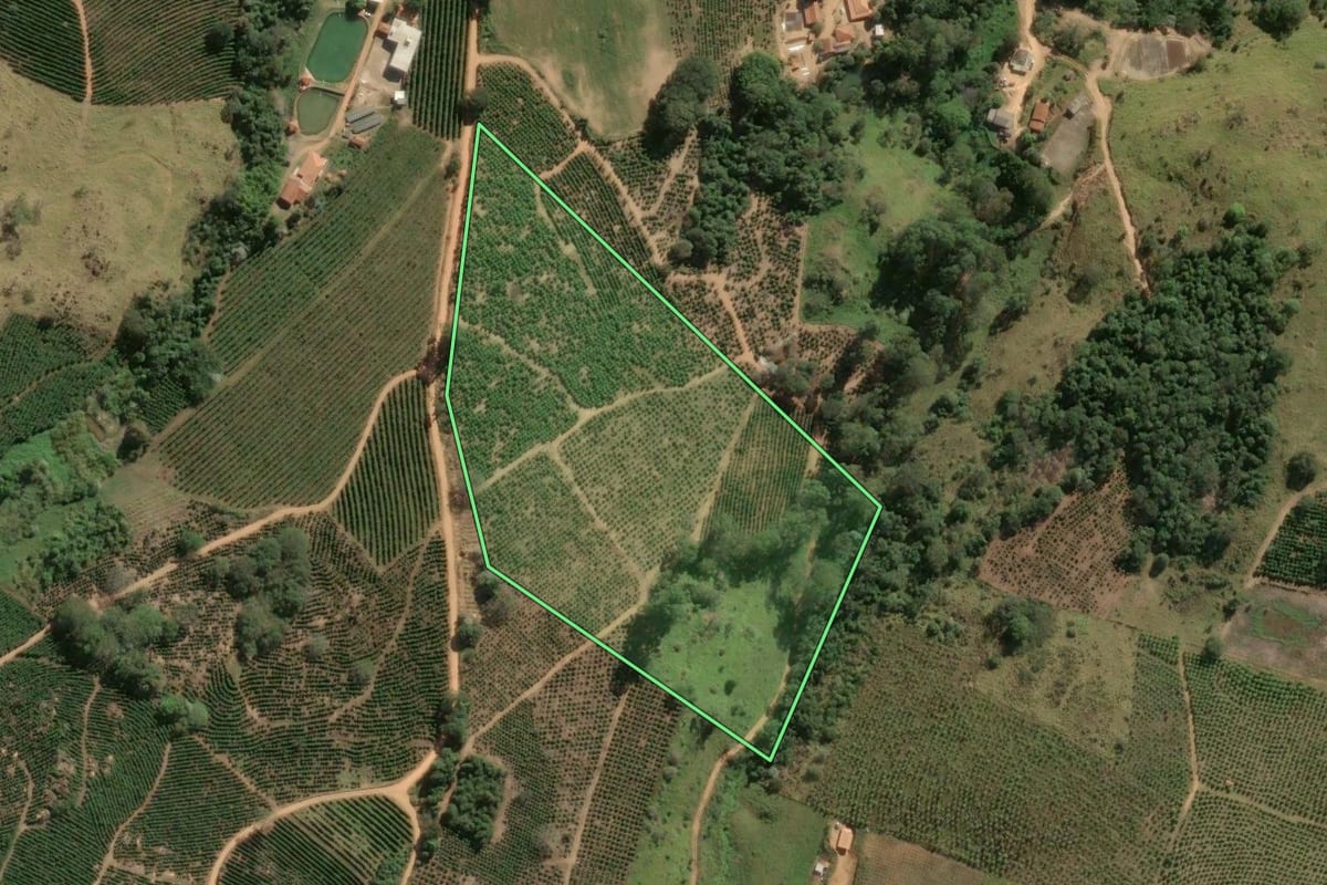 Imagem de satélite do imóvel rural em Divinolândia (SP), com o contorno declarado no CAR desenhado por cima.
