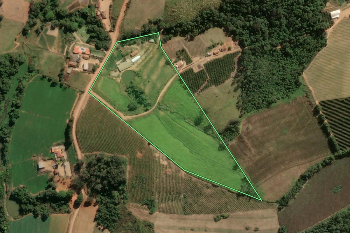 Imagem de satélite do imóvel rural em Divinolândia (SP), com o contorno declarado no CAR desenhado por cima.