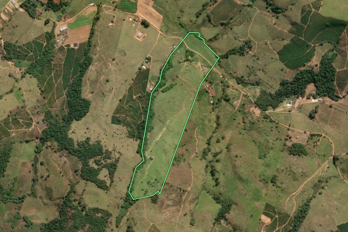 Imagem de satélite do imóvel rural em Divinolândia (SP), com o contorno declarado no CAR desenhado por cima.