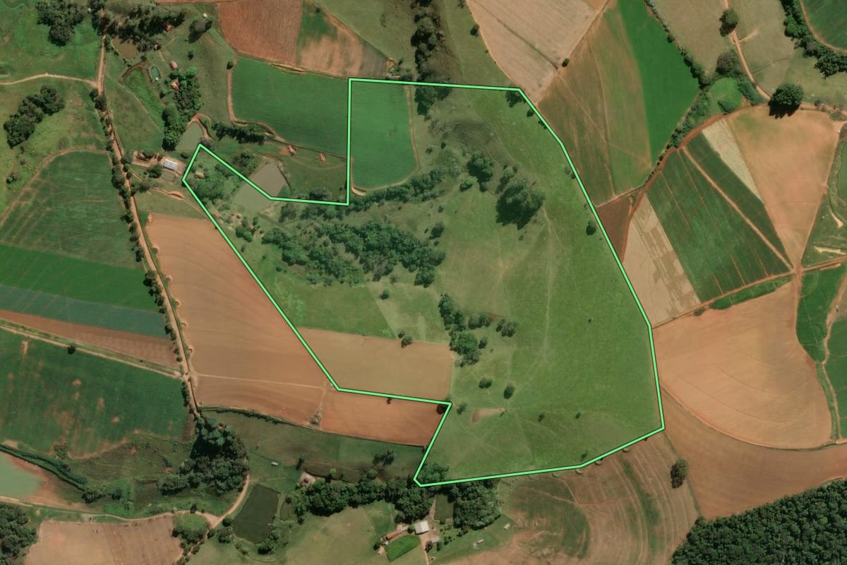 Imagem de satélite do imóvel rural em Divinolândia (SP), com o contorno declarado no CAR desenhado por cima.