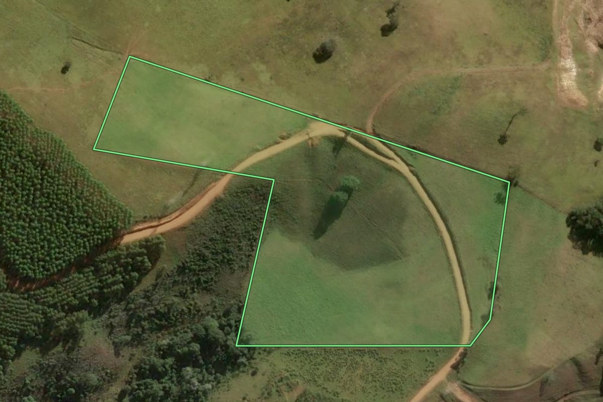 Imagem de satélite do imóvel rural em Divinolândia (SP), com o contorno declarado no CAR desenhado por cima.