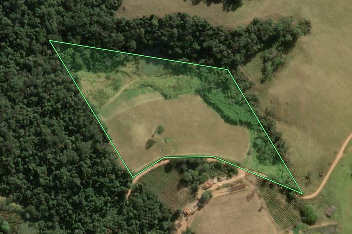 Imagem de satélite do imóvel rural em Divinolândia (SP), com o contorno declarado no CAR desenhado por cima.