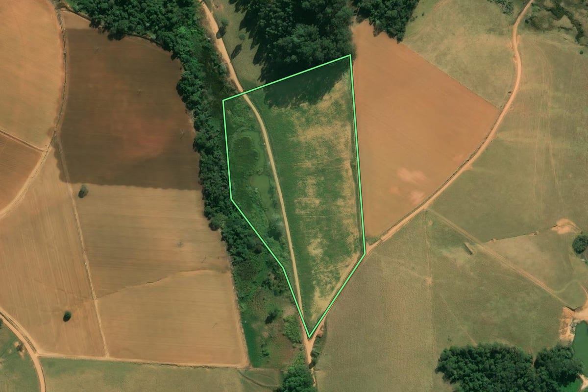 Imagem de satélite do imóvel rural em Divinolândia (SP), com o contorno declarado no CAR desenhado por cima.