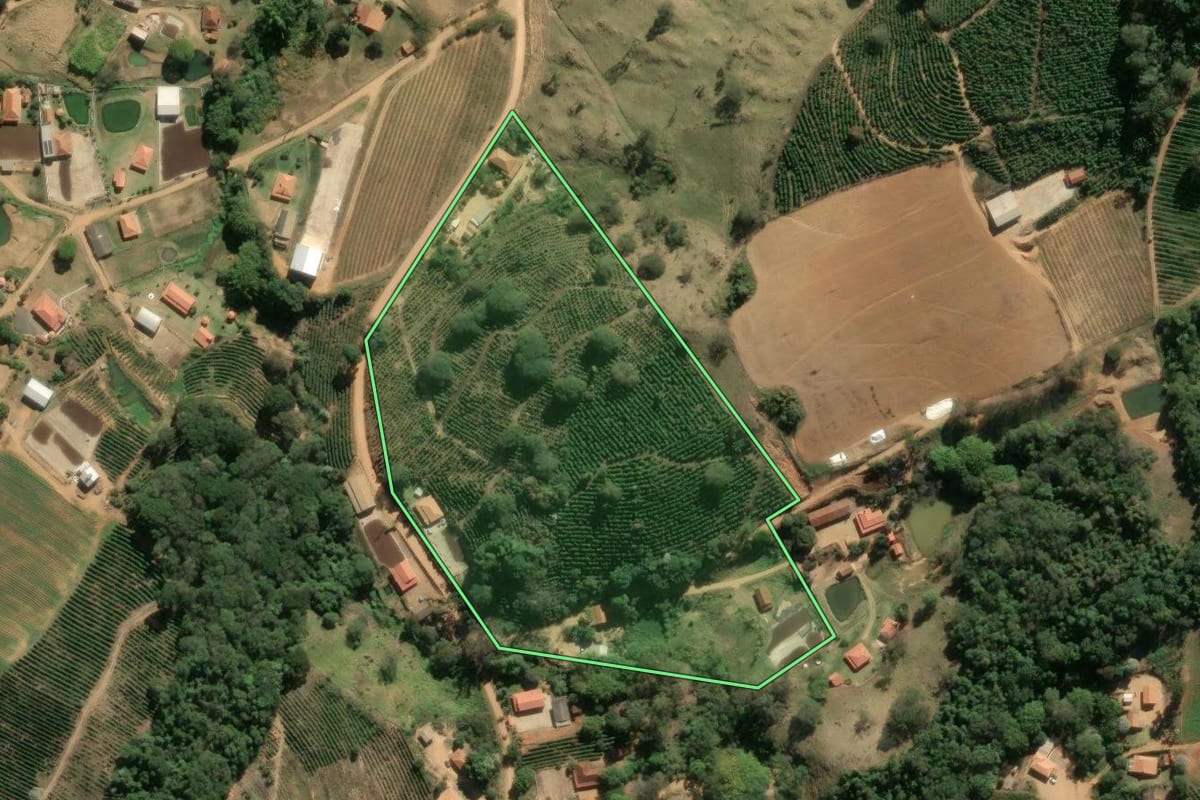 Imagem de satélite do imóvel rural em Divinolândia (SP), com o contorno declarado no CAR desenhado por cima.