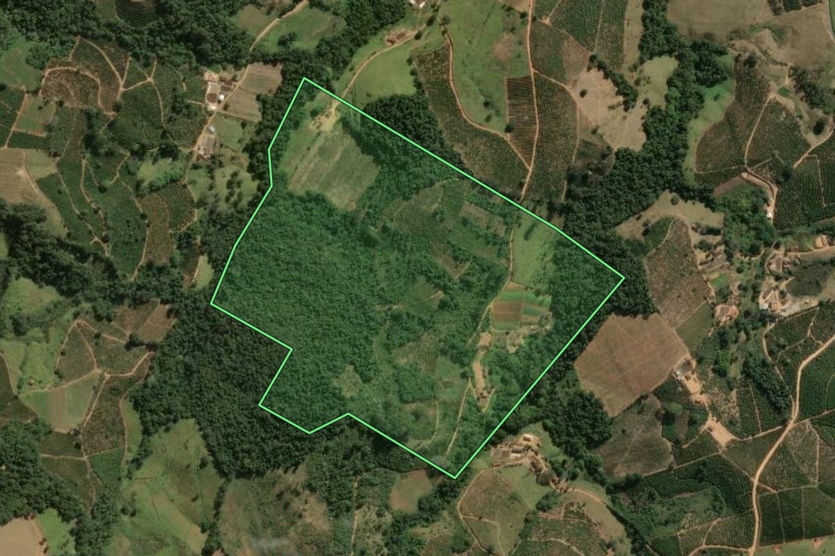 Imagem de satélite do imóvel rural em Divinolândia (SP), com o contorno declarado no CAR desenhado por cima.