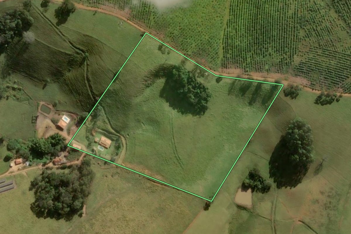 Imagem de satélite do imóvel rural em Divinolândia (SP), com o contorno declarado no CAR desenhado por cima.