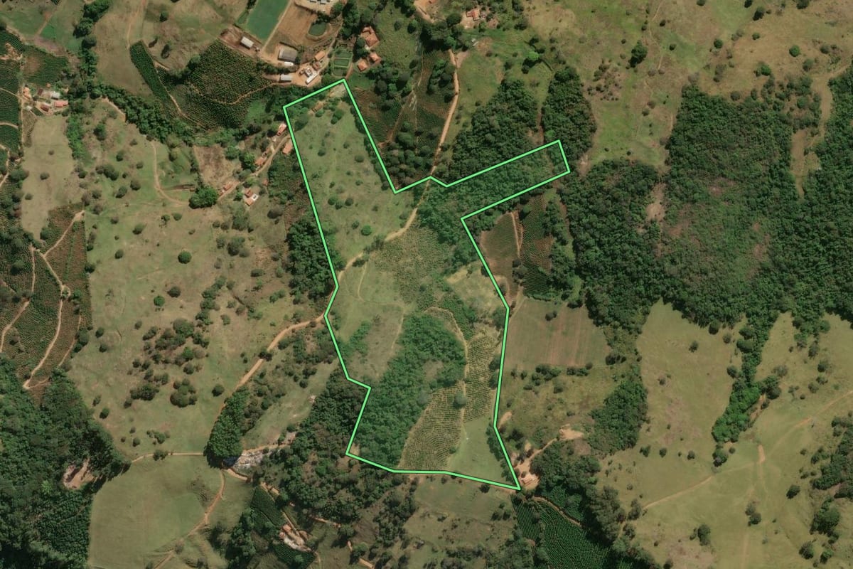 Imagem de satélite do imóvel rural em Divinolândia (SP), com o contorno declarado no CAR desenhado por cima.