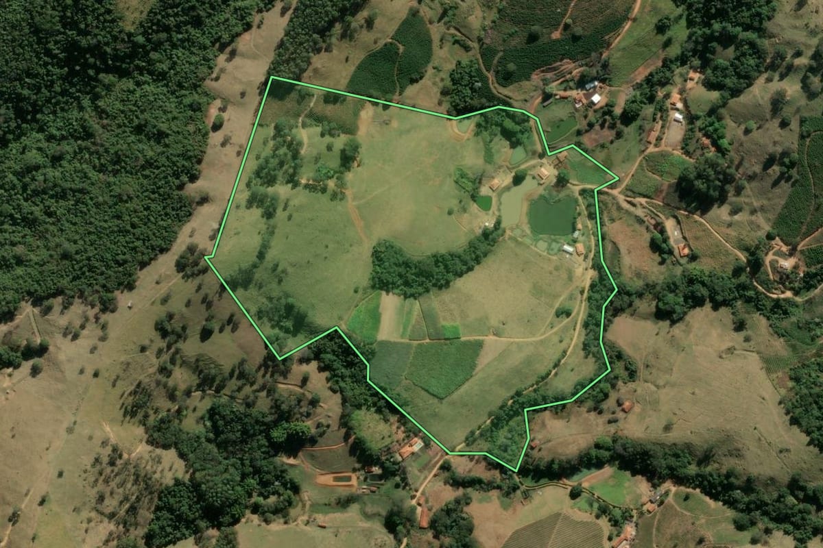 Imagem de satélite do imóvel rural em Divinolândia (SP), com o contorno declarado no CAR desenhado por cima.