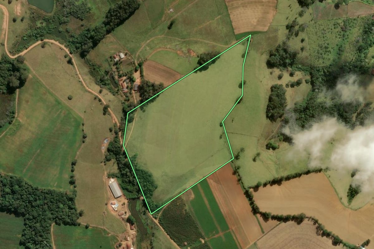 Imagem de satélite do imóvel rural em Divinolândia (SP), com o contorno declarado no CAR desenhado por cima.